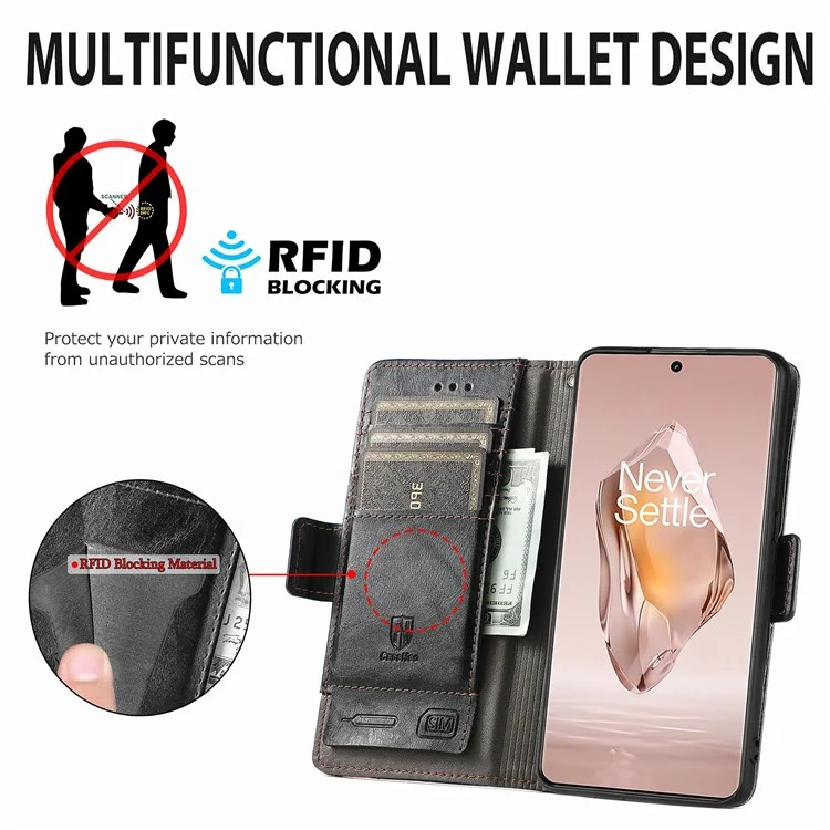 For OnePlus 12R 5G / Ace 3 5G Phone Cases CASENEO PU Leather Cover Stand with RFID Blocking Wallet - Black