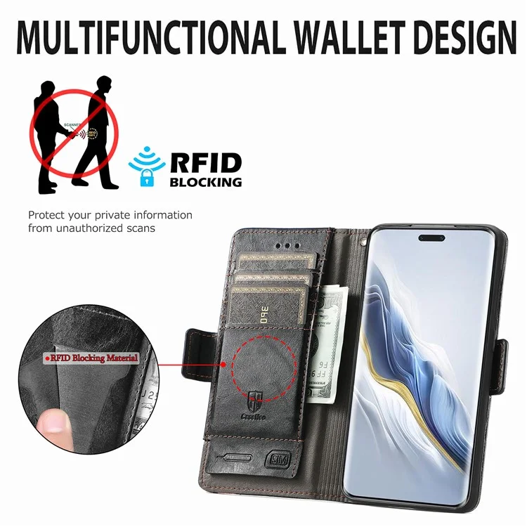 For Honor Magic6 Pro 5G Phone Cases CASENEO PU Leather Cover Stand with RFID Blocking Wallet - Black