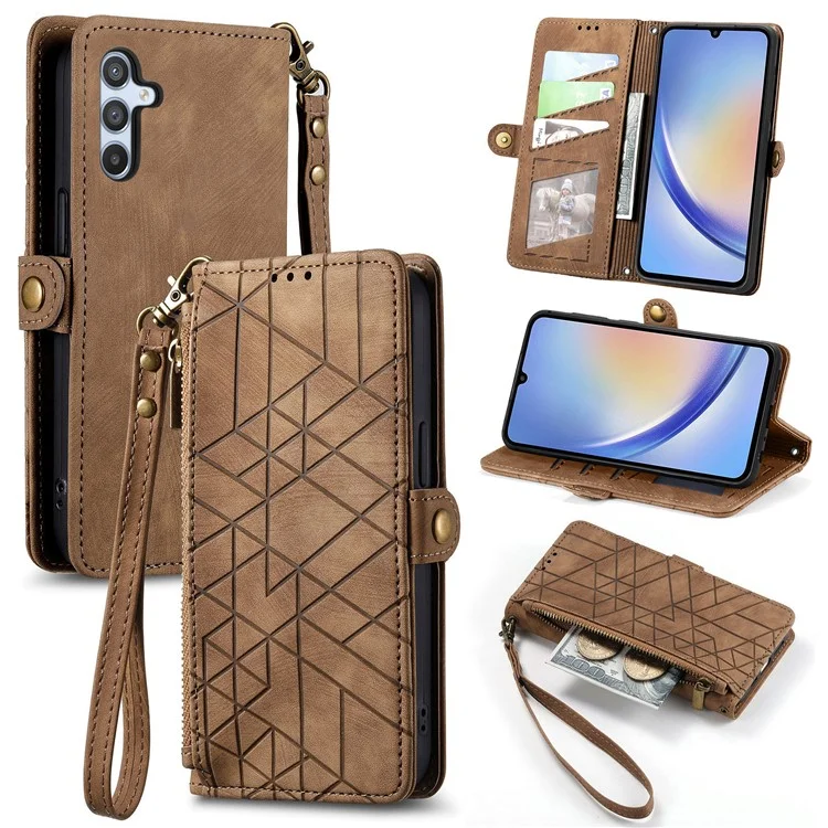 Para Samsung Galaxy A35 5G Case Geometria Imprinted Leather Cover com Bolso com Zíper Carteira - Marrom