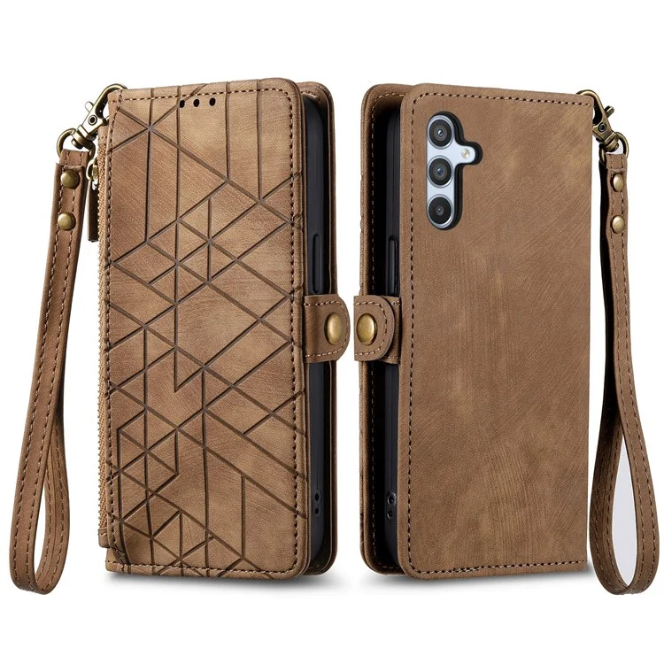 Para Samsung Galaxy A35 5G Case Geometria Imprinted Leather Cover com Bolso com Zíper Carteira - Marrom