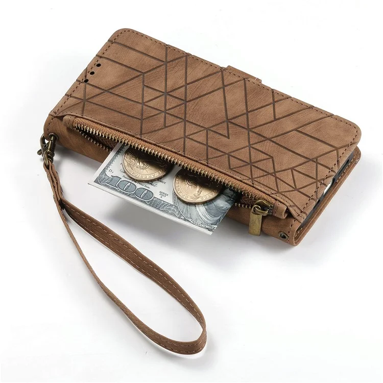 Para Samsung Galaxy A35 5G Case Geometria Imprinted Leather Cover com Bolso com Zíper Carteira - Marrom