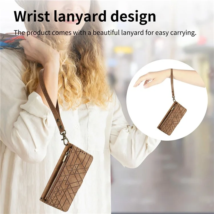 Para Samsung Galaxy A35 5G Case Geometria Imprinted Leather Cover com Bolso com Zíper Carteira - Marrom