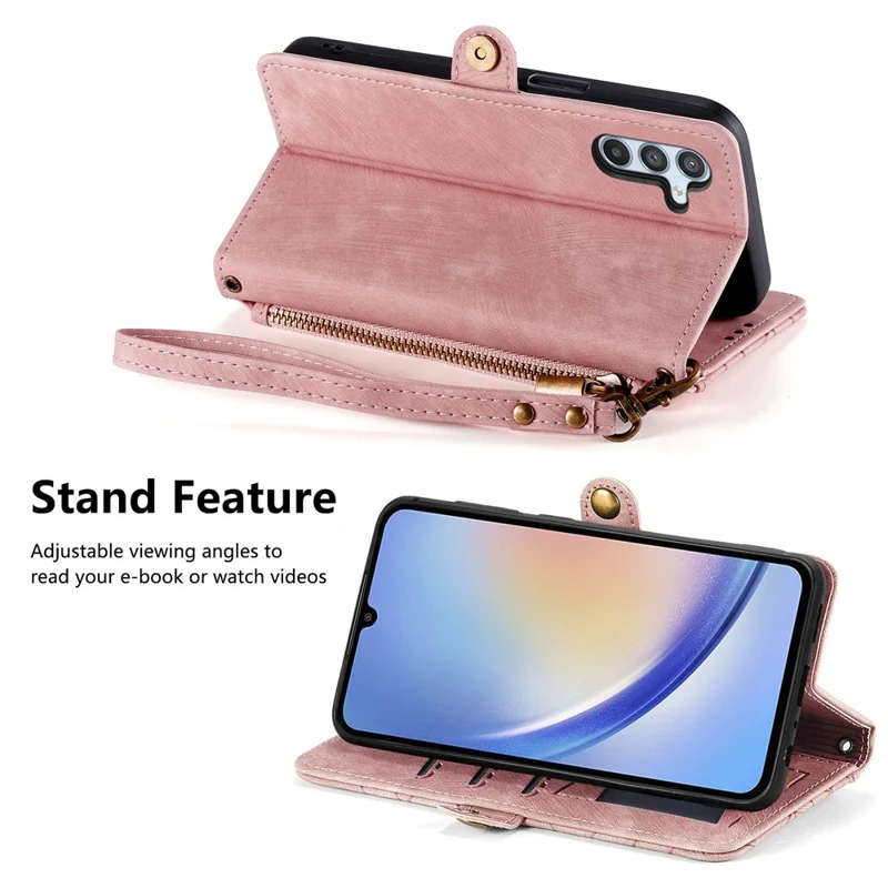 For Samsung Galaxy A55 5G Zipper Wallet Case Geometry Lines Leather Phone Cover with Strap - Pink