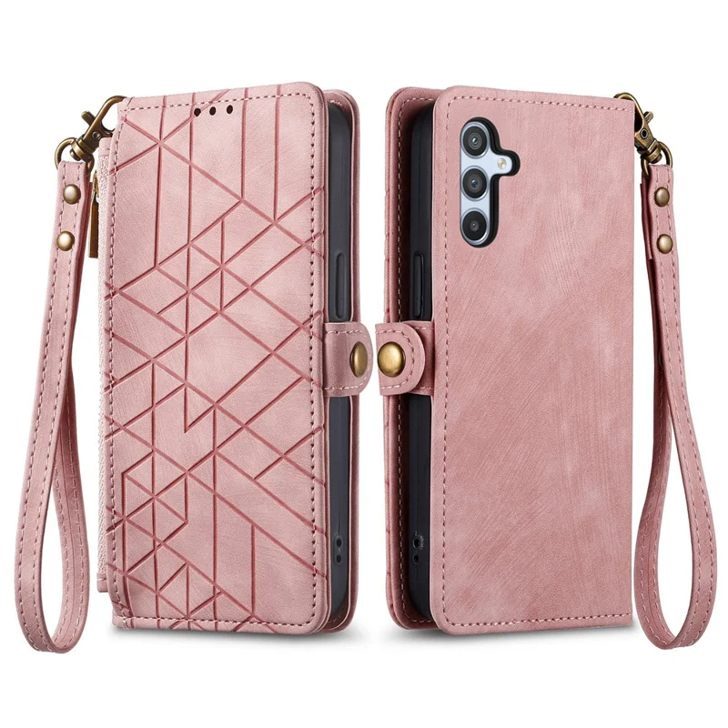For Samsung Galaxy A55 5G Zipper Wallet Case Geometry Lines Leather Phone Cover with Strap - Pink