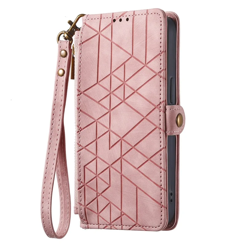 For Samsung Galaxy A55 5G Zipper Wallet Case Geometry Lines Leather Phone Cover with Strap - Pink