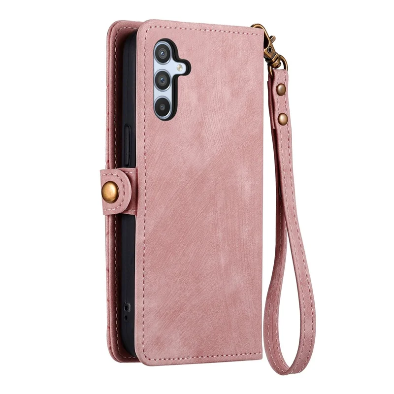 For Samsung Galaxy A55 5G Zipper Wallet Case Geometry Lines Leather Phone Cover with Strap - Pink