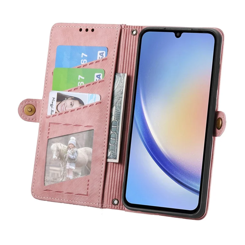 For Samsung Galaxy A55 5G Zipper Wallet Case Geometry Lines Leather Phone Cover with Strap - Pink