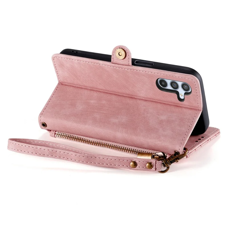 For Samsung Galaxy A55 5G Zipper Wallet Case Geometry Lines Leather Phone Cover with Strap - Pink