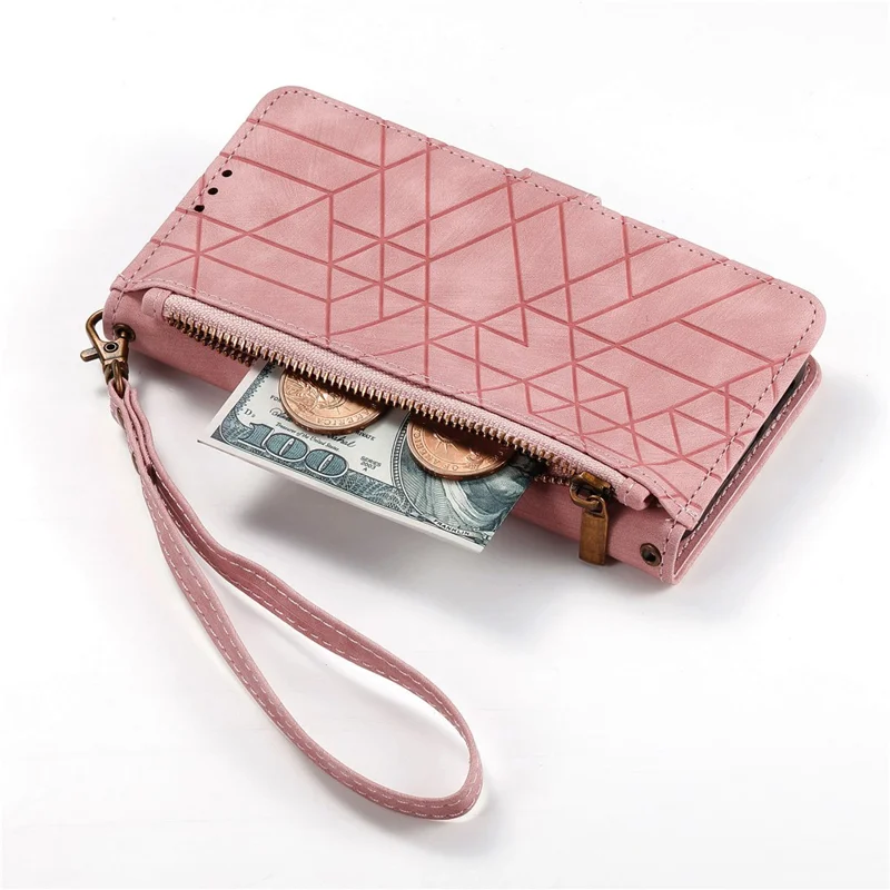 For Samsung Galaxy A55 5G Zipper Wallet Case Geometry Lines Leather Phone Cover with Strap - Pink