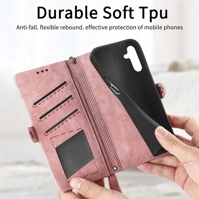 For Samsung Galaxy A55 5G Zipper Wallet Case Geometry Lines Leather Phone Cover with Strap - Pink