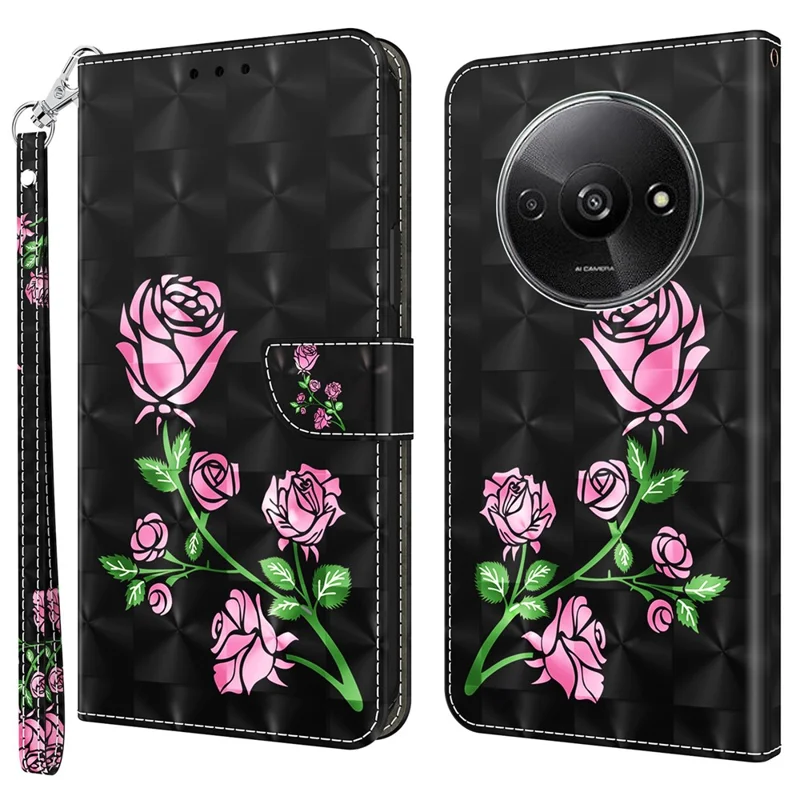 For Xiaomi Redmi A3 / Poco C61 4G Phone Case 3D Pattern Printing Magnetic Clasp Leather Wallet Cover - Rose Flower
