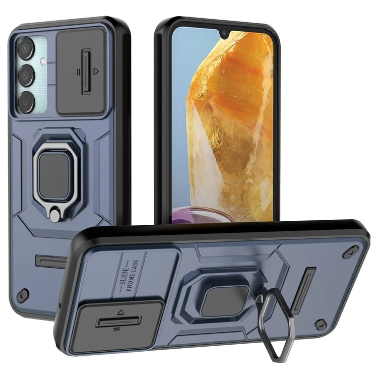 Pour Samsung Galaxy M15 5G Étui avec Coulissant Couvercle de l'appareil photo Anneau Support Béquille PC+TPU Protecteur de téléphone - Bleu