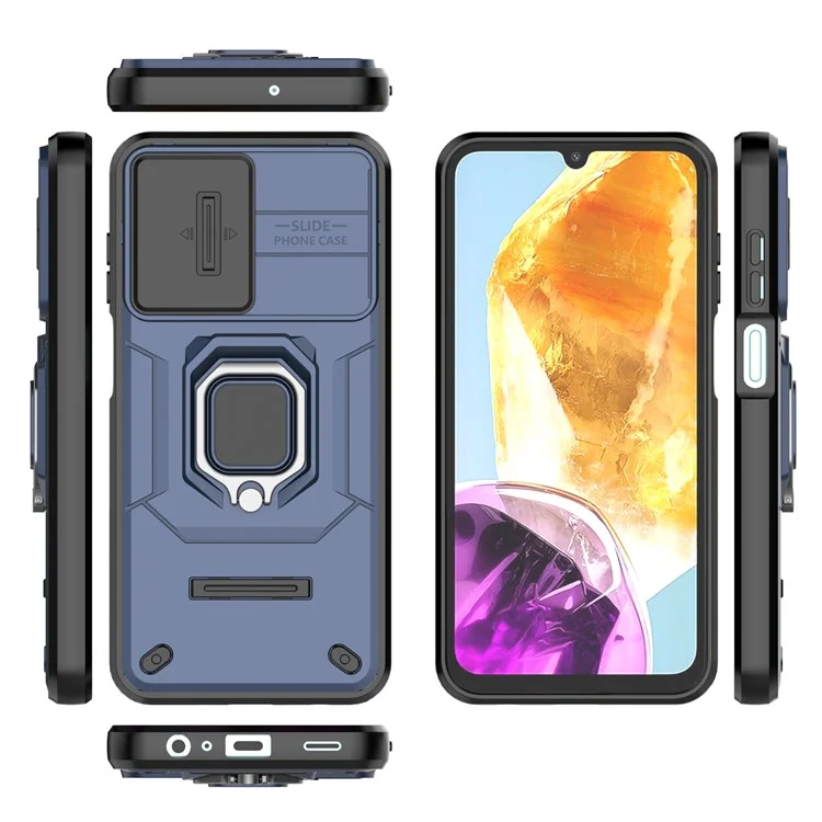 Pour Samsung Galaxy M15 5G Étui avec Coulissant Couvercle de l'appareil photo Anneau Support Béquille PC+TPU Protecteur de téléphone - Bleu