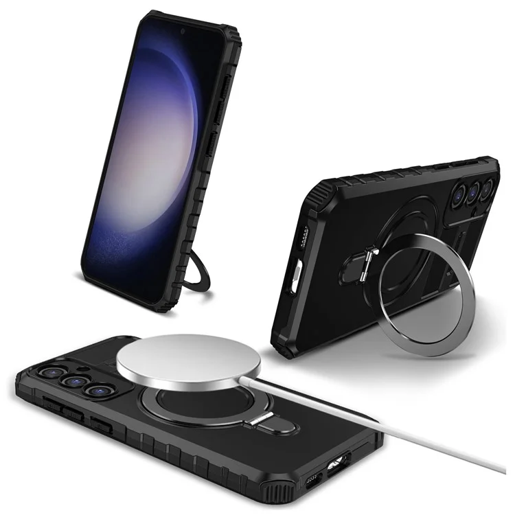 For Samsung Galaxy S23 FE PC+TPU Case Shockproof Kickstand Phone Cover Compatible with MagSafe - Black