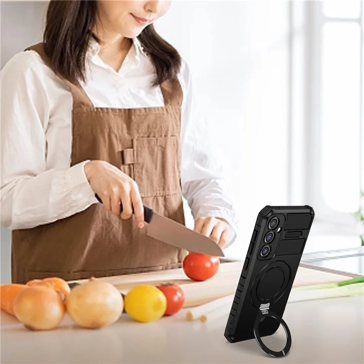 For Samsung Galaxy S23 FE PC+TPU Case Shockproof Kickstand Phone Cover Compatible with MagSafe - Black