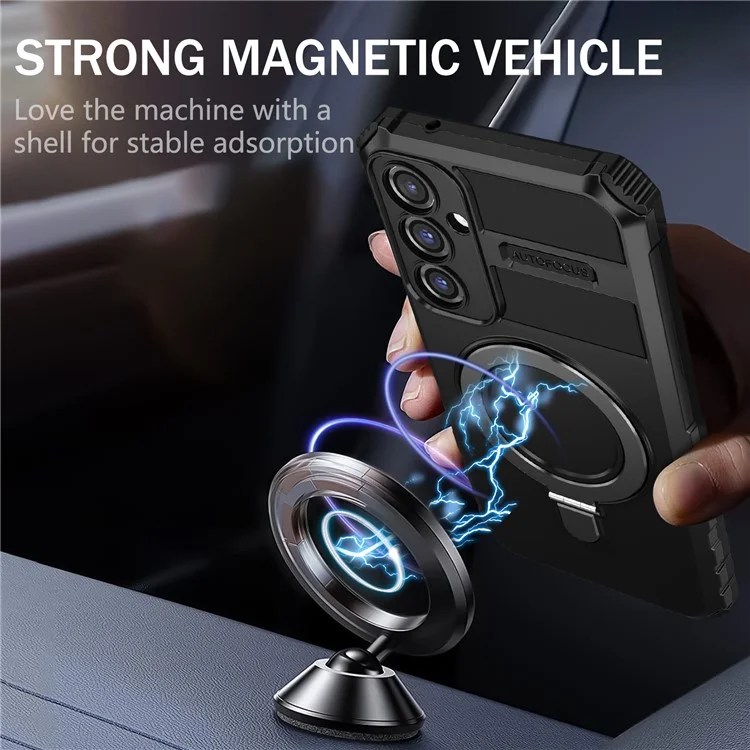 For Samsung Galaxy S23 FE PC+TPU Case Shockproof Kickstand Phone Cover Compatible with MagSafe - Black
