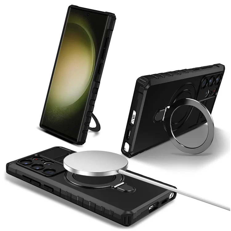 For Samsung Galaxy S24 Ultra Magnetic Kickstand Cover PC+TPU Phone Case Compatible with MagSafe - Black