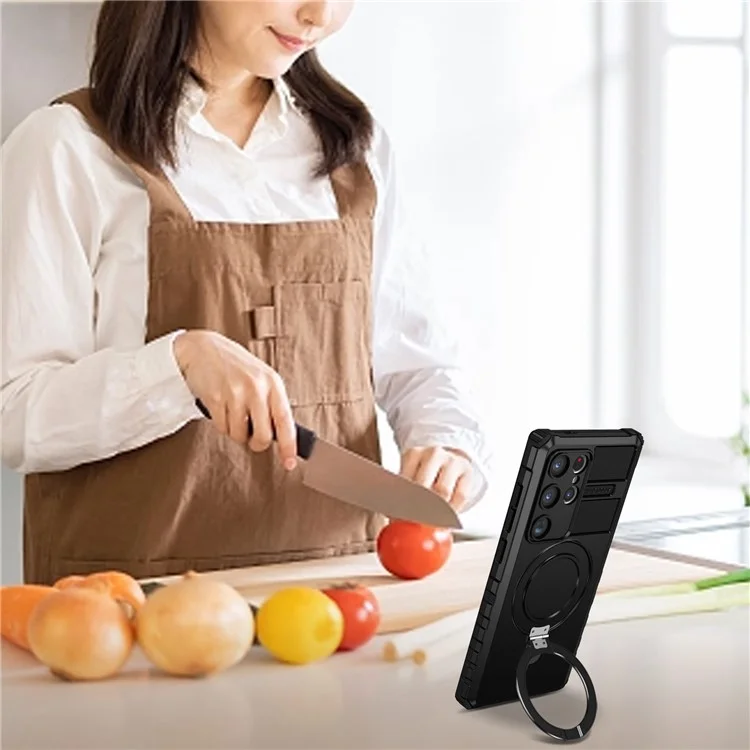 For Samsung Galaxy S24 Ultra Magnetic Kickstand Cover PC+TPU Phone Case Compatible with MagSafe - Black