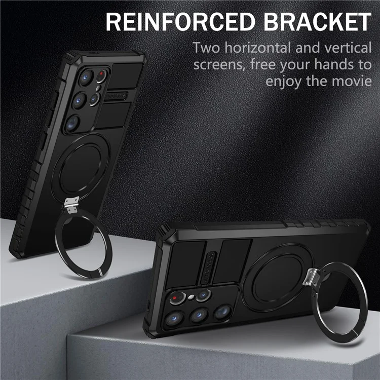 For Samsung Galaxy S24 Ultra Magnetic Kickstand Cover PC+TPU Phone Case Compatible with MagSafe - Black