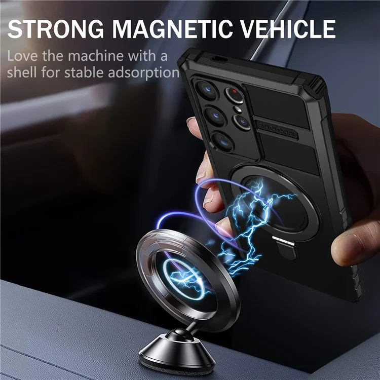 For Samsung Galaxy S24 Ultra Magnetic Kickstand Cover PC+TPU Phone Case Compatible with MagSafe - Black