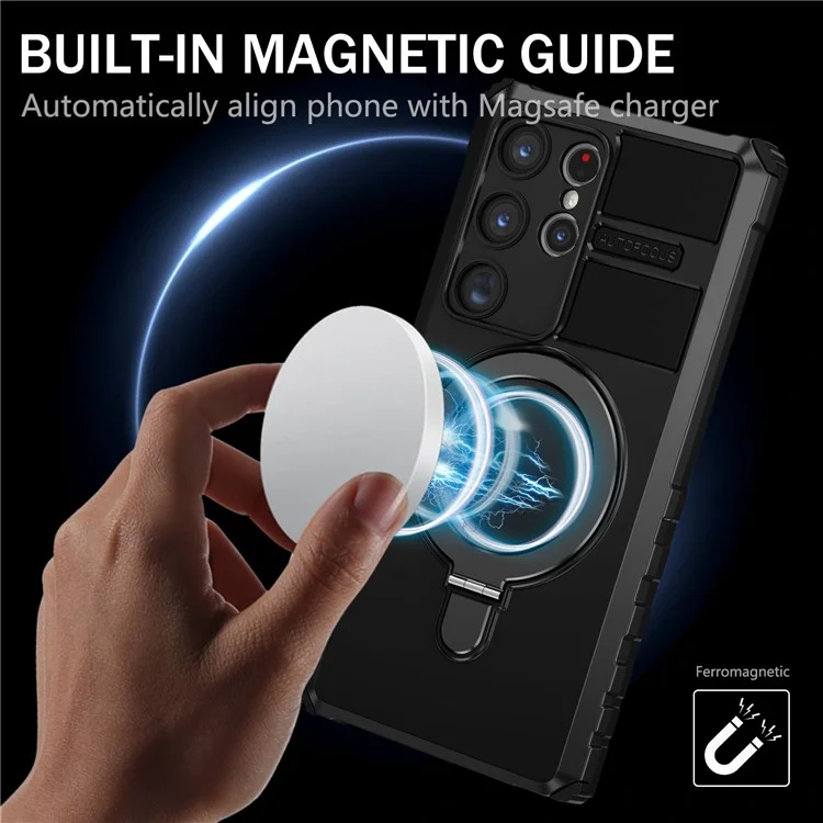 For Samsung Galaxy S24 Ultra Magnetic Kickstand Cover PC+TPU Phone Case Compatible with MagSafe - Black