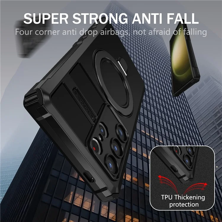For Samsung Galaxy S24 Ultra Magnetic Kickstand Cover PC+TPU Phone Case Compatible with MagSafe - Black