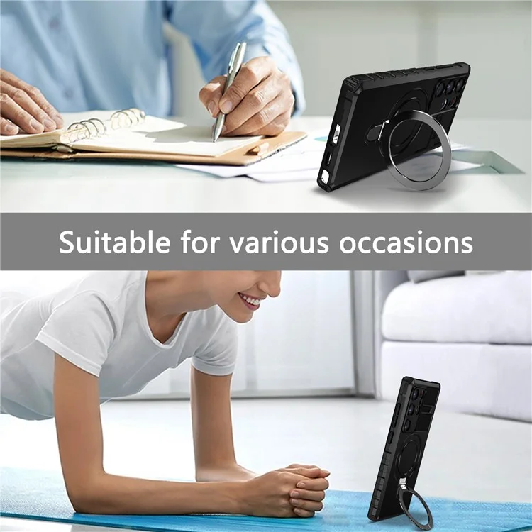 For Samsung Galaxy S24 Ultra Magnetic Kickstand Cover PC+TPU Phone Case Compatible with MagSafe - Black