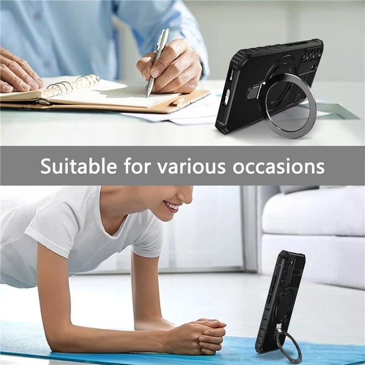 For Samsung Galaxy S22 5G Compatible with MagSafe PC+TPU Phone Case Magnetic Finger Grip Kickstand Cover - Black