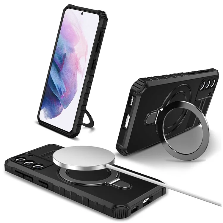 Для Samsung Galaxy S21+ 5G Противоударный чехол Kickstand PC+TPU Чехол для телефона, совместимый с MagSafe - Черный