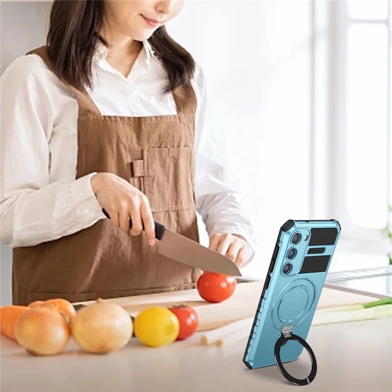For Samsung Galaxy S23 Magnetic Case Kickstand PC+TPU Phone Cover - Sky Blue