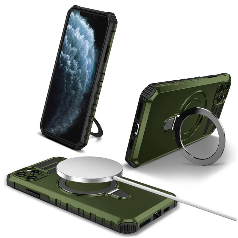 For iPhone 11 Pro Max Case Kickstand PC+TPU Phone Cover Compatible with MagSafe - Green
