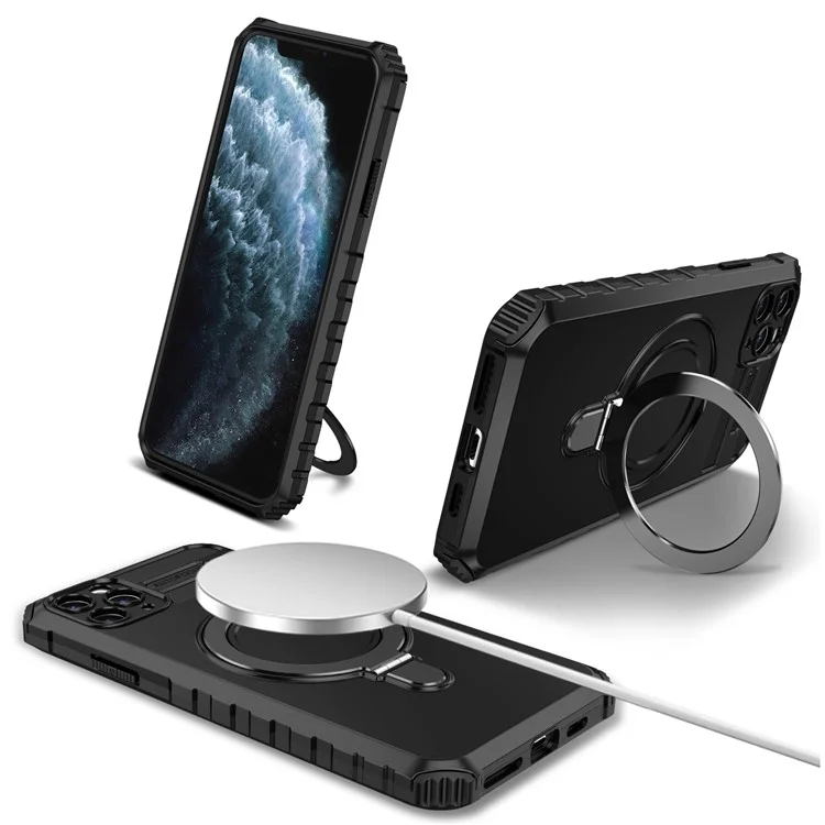 Für iPhone 11 Pro Case Magnetische PC+TPU-Handyhülle mit Ring-Ständer - Schwarz