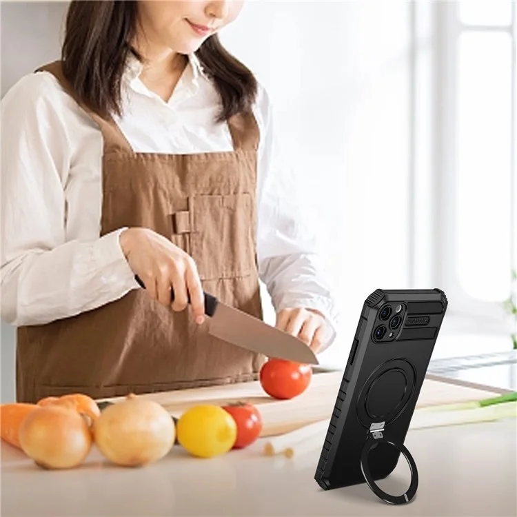 Für iPhone 11 Pro Case Magnetische PC+TPU-Handyhülle mit Ring-Ständer - Schwarz