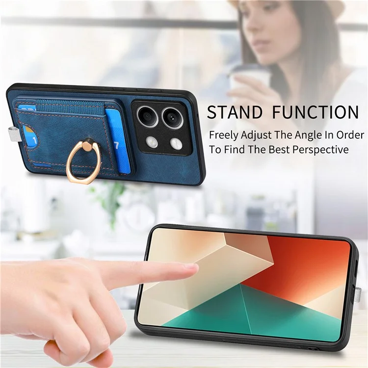 D7 Para Xiaomi Redmi Note 13 5G Case Ring Holder PU Leather 2-in-1 Destacável Back Cover - Azul