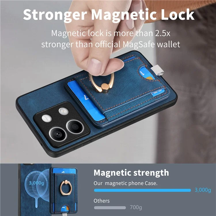 D7 Para Xiaomi Redmi Note 13 5G Case Ring Holder PU Leather 2-in-1 Destacável Back Cover - Azul
