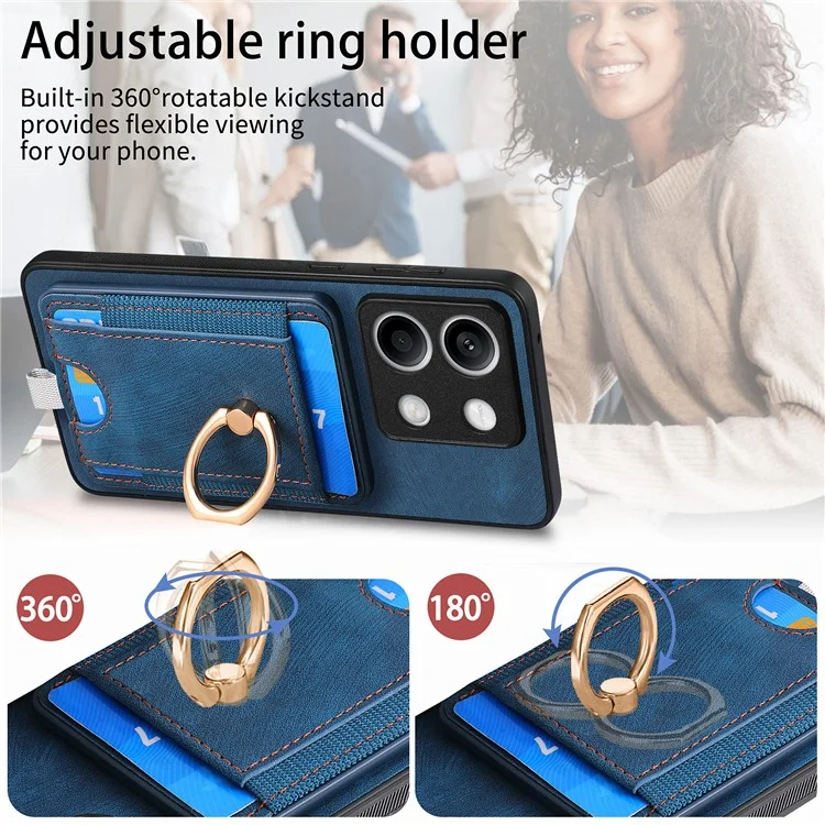 D7 Para Xiaomi Redmi Note 13 5G Case Ring Holder PU Leather 2-in-1 Destacável Back Cover - Azul