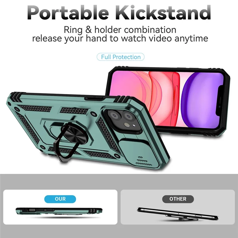 For iPhone 11 Case PC+TPU Kickstand Armour Phone Cover with Camera Slide Guard - Blackish Green
