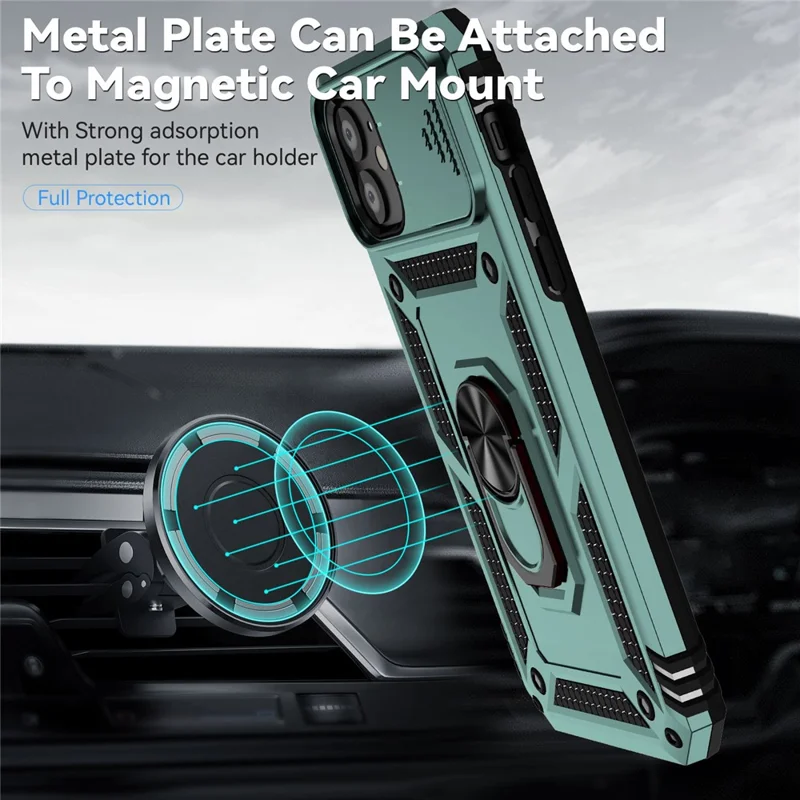 For iPhone 11 Case PC+TPU Kickstand Armour Phone Cover with Camera Slide Guard - Blackish Green