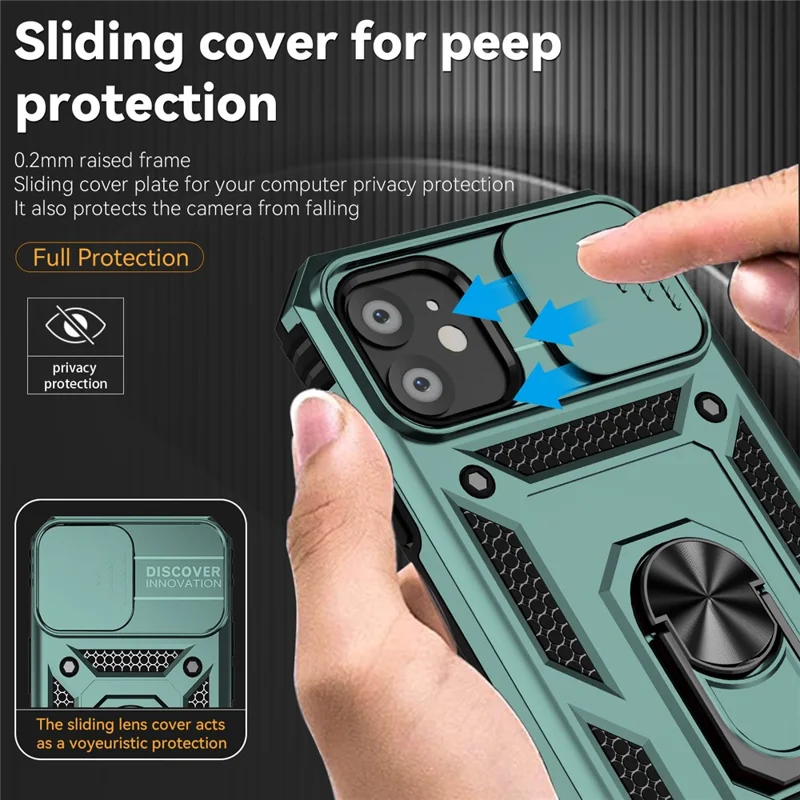 For iPhone 11 Case PC+TPU Kickstand Armour Phone Cover with Camera Slide Guard - Blackish Green