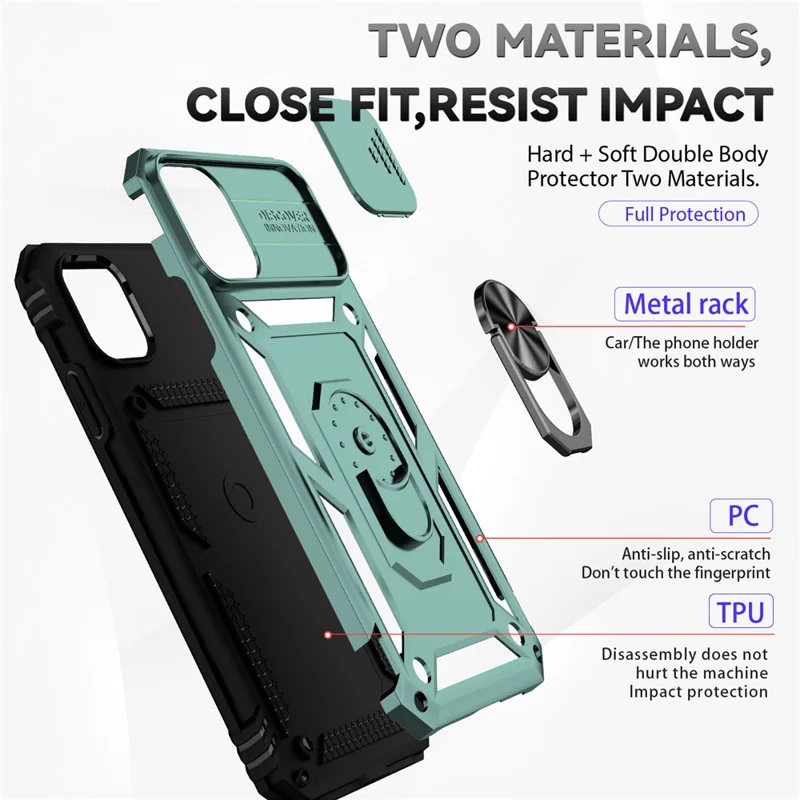 For iPhone 11 Case PC+TPU Kickstand Armour Phone Cover with Camera Slide Guard - Blackish Green