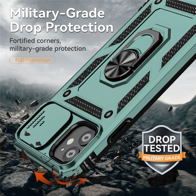 For iPhone 11 Case PC+TPU Kickstand Armour Phone Cover with Camera Slide Guard - Blackish Green