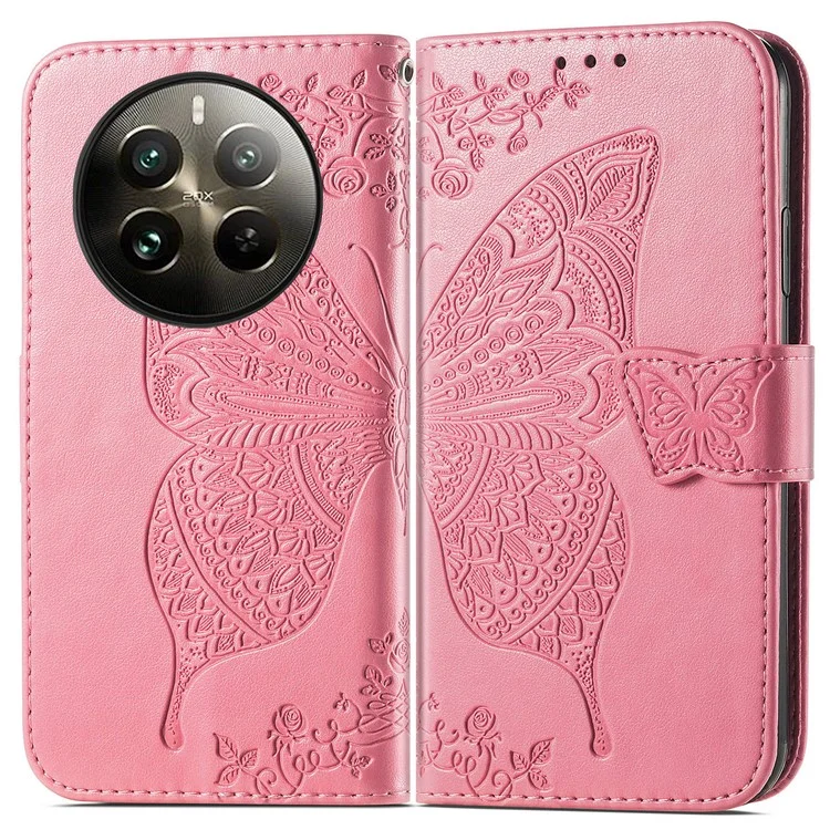 Para Realme 12 4G / 12+ 5G Funda Mariposa Impresa Tapa de Teléfono de Cuero de PU - Rosa