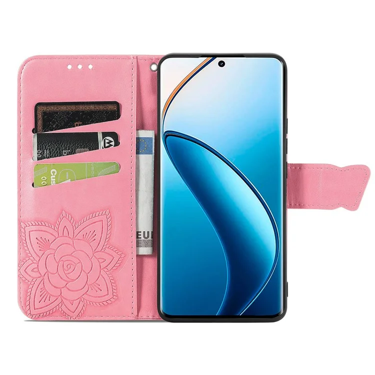 Para Realme 12 4G / 12+ 5G Funda Mariposa Impresa Tapa de Teléfono de Cuero de PU - Rosa