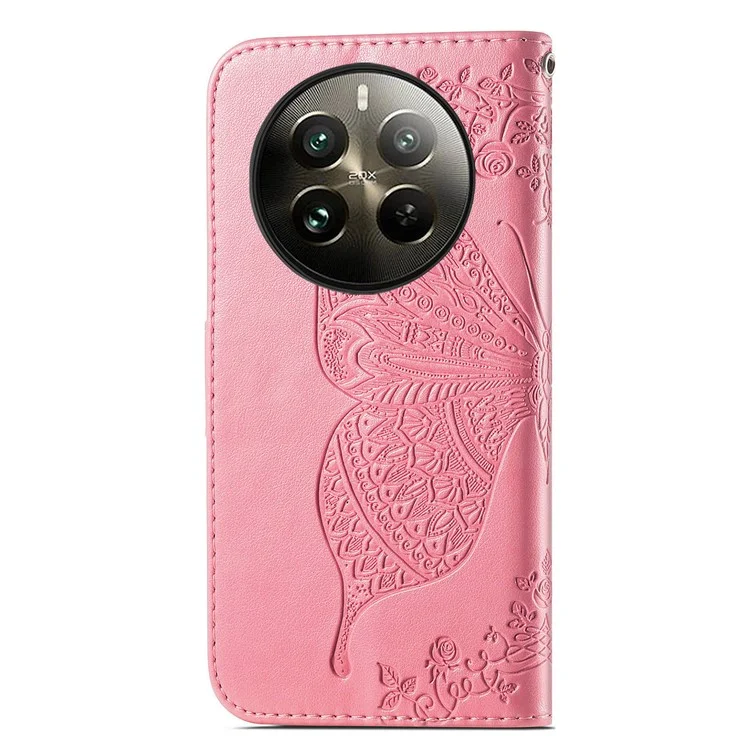 Para Realme 12 4G / 12+ 5G Funda Mariposa Impresa Tapa de Teléfono de Cuero de PU - Rosa