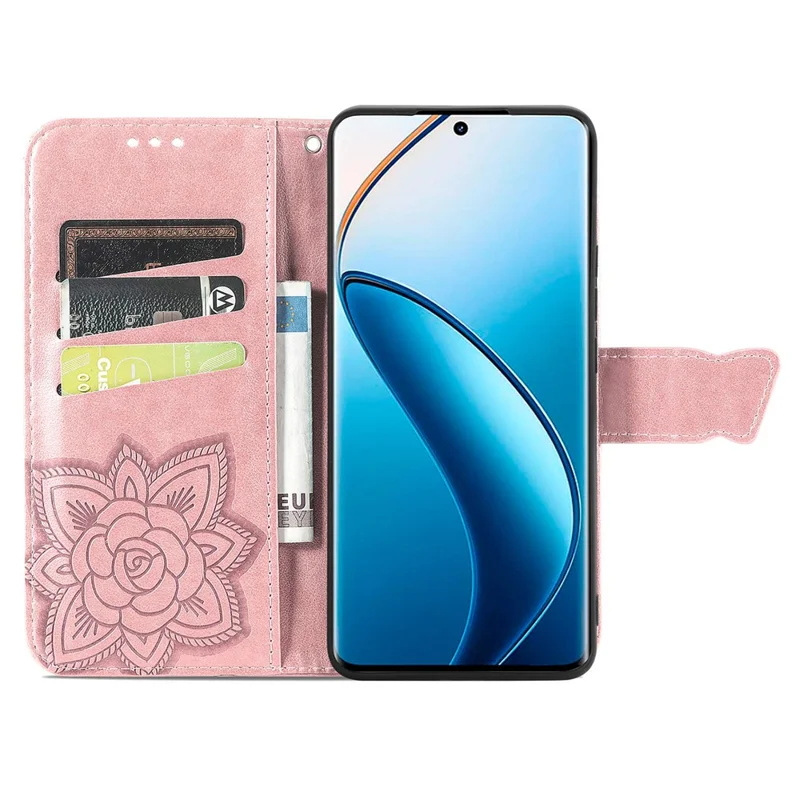 Für Realme 12 Pro 5G / 12 Pro+ 5G Lederetui Geprägter Schmetterling Handyhülle mit praktischem Trageriemen - Roségold