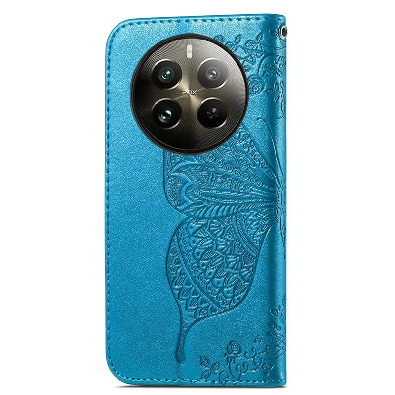 Pour Realme 12 Pro 5G / 12 Pro+ 5G Étui en cuir avec motif papillon Housse de téléphone avec dragonne - Bleu