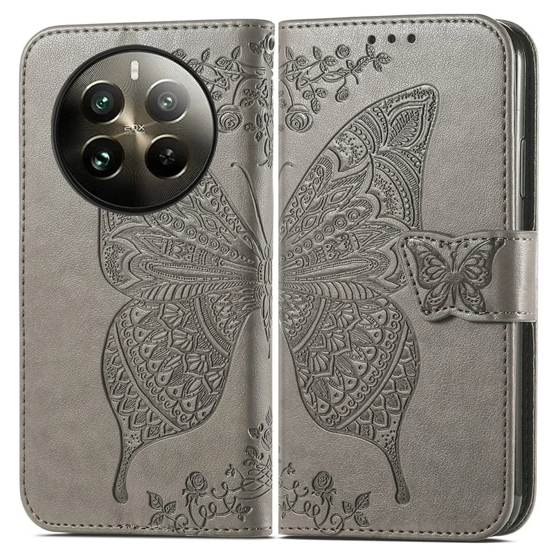 Per Realme 12 Pro 5G / 12 Pro+ 5G Custodia in pelle Imprinted Butterfly Phone Cover con cinturino - Grigio