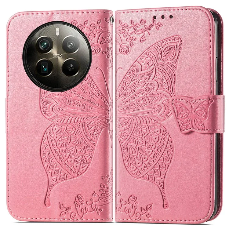 For Realme 12 Pro 5G / 12 Pro+ 5G Wallet Case Butterfly Pattern Leather Stand Phone Cover - Pink