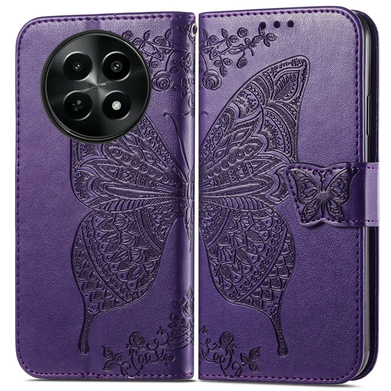 Pour Realme 12 5G Étui Papillon Imprimé Étui Magnétique Flip Stand Phone Cover - Violet Foncé