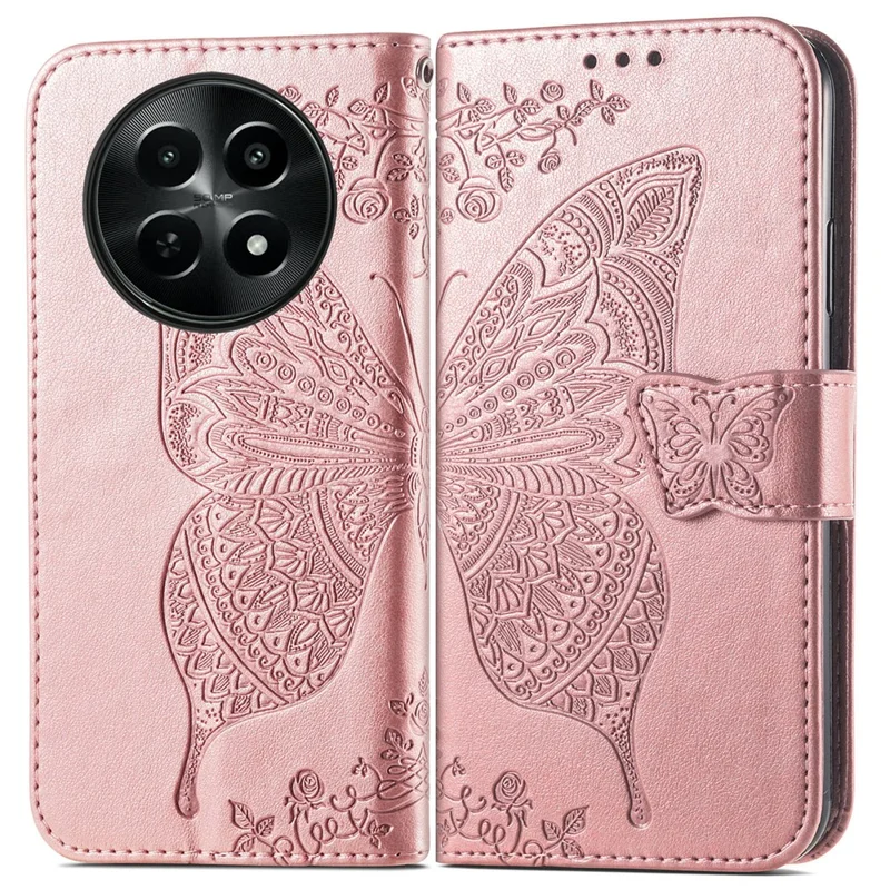 Per il caso Realme 12 5G Farfalla Impresso Custodia in pelle PU Flip Stand Magnetico Custodia per telefono - Rose Gold